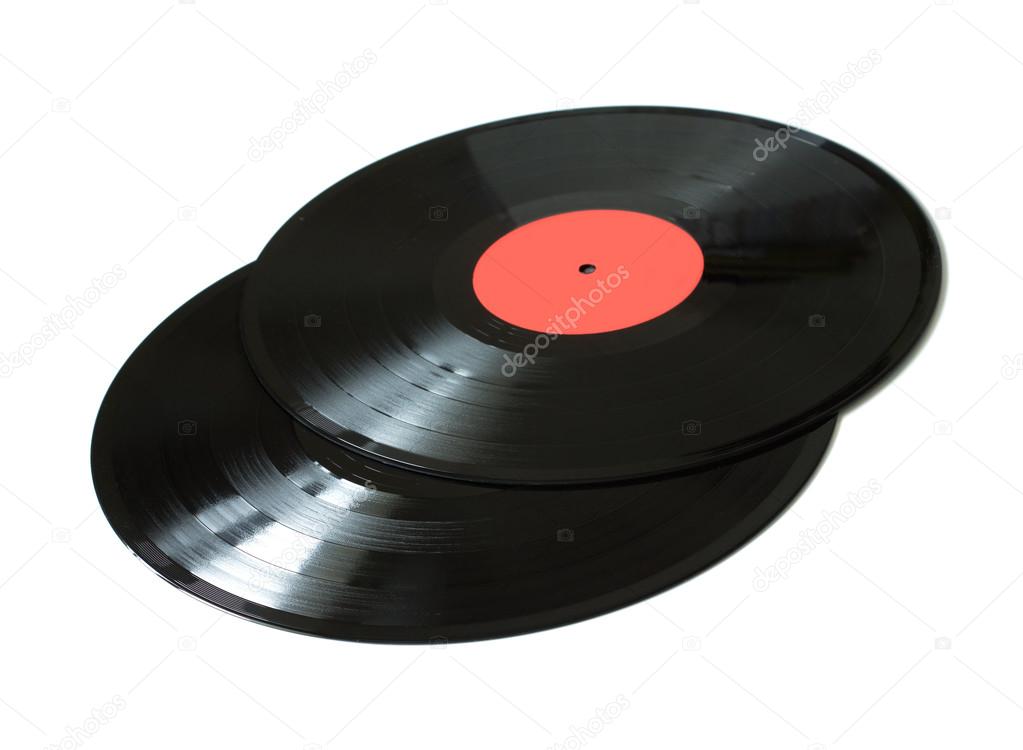 Two  black long-play vinyl records isolated closeup