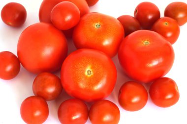 Birçok olgun kırmızı domates üzerinde beyaz izole