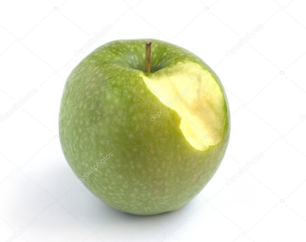 Green bitten apple on a white background