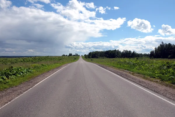 Paisagem com estrada rural através de um campo — Fotografia de Stock