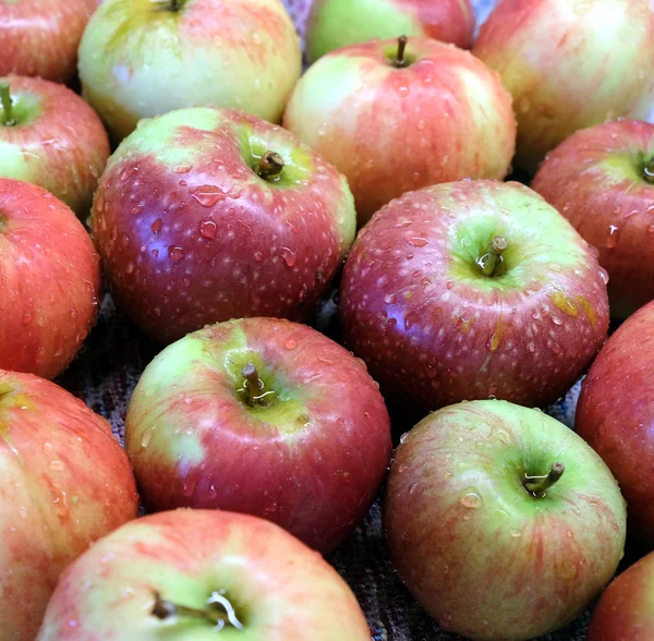 Rote und grüne reife Äpfel mit Wassertropfen reinigen — Stockfoto