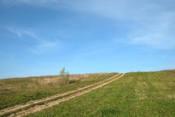 Beautiful Rural Landscape Side View Ground Road Runs Green Field — стоковое фото