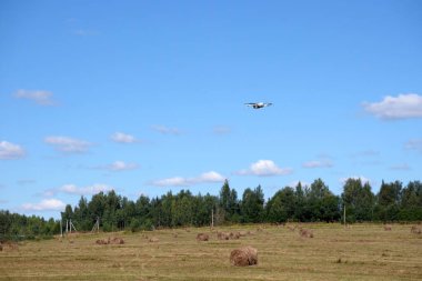 Yerden insansız hava aracına, mavi gökyüzünün altında, güneşli yaz gününde açık beyaz bulutlar eşliğinde, biçilmiş tarlanın üzerinde uçuşan bir sürü saman yığınına bakın.