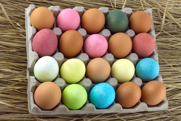 Painted Easter eggs lie in rows inside cells on a straw — Stock Photo, Image