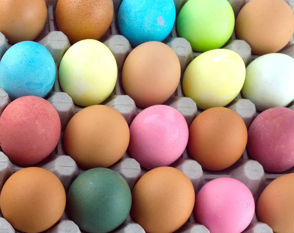 Painted Easter eggs lies in rows inside cells as background — Stock Photo, Image