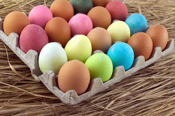 Painted Easter eggs lies in rows inside cells on a straw — Stock Photo, Image