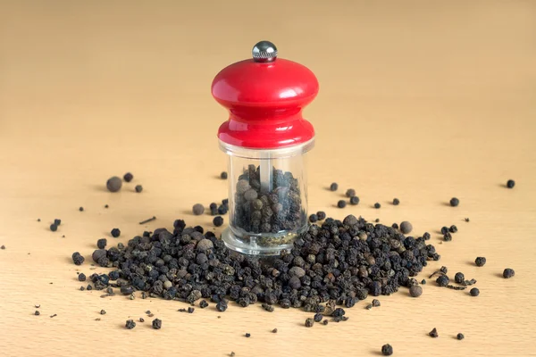 Zwarte peper en handmatige molen — Stockfoto