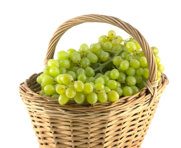 Ripe grape bunches in wicker basket isolated close up — Stock Photo, Image