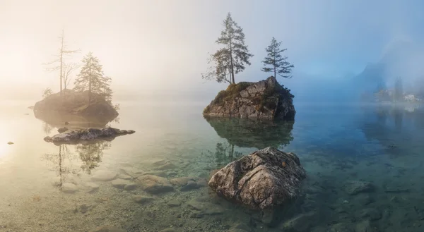 Misty mañana de verano en el lago Hintersee en los Alpes austríacos . — Foto de Stock