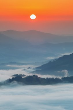 Karpat Dağları. Güneş doğarken sis kaplı dağları.