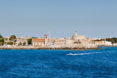 Fortress of St. Nicholas and the waterfront view from the sea. Rhodes Island. Greece.
