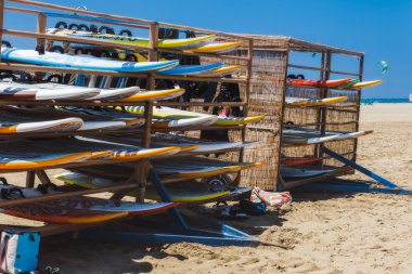 Greece, Rhodes. Windsurfing boards on the beach Prasonisi.