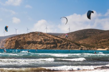 Kiters ve Caretta Prasonisi Körfezi içinde. Rodos Adası. 