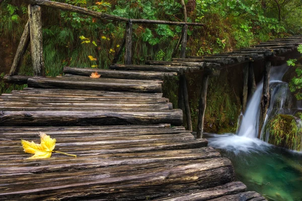 Croatia. Plitvice Lakes. Wooden bridge going up the little waterfall — Stock Photo, Image