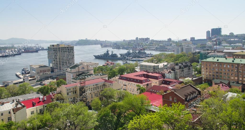 Vladivostok city, Russia, panorama of Zolotoy rog bay