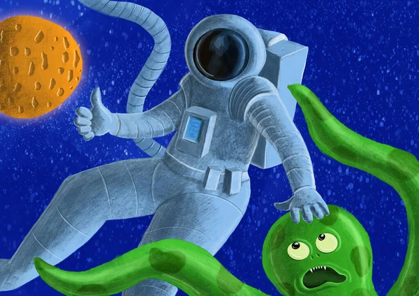 Funny illustration of an astronaut in a spaceuit, meeting a friendly octopus-looking alien. He gives a thumbs up while touching the alien\'s head