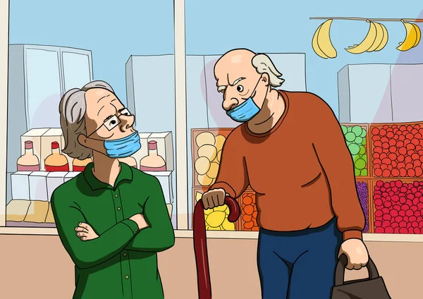 Illustration Two Old Men Talking Complying Health Recommendations Masks Covering — Stock Photo, Image
