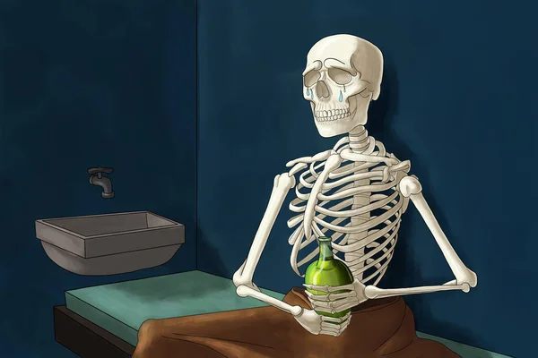 Ilustração Digital Triste Esqueleto Sentado Sozinho Uma Cela Prisão Chorando — Fotografia de Stock