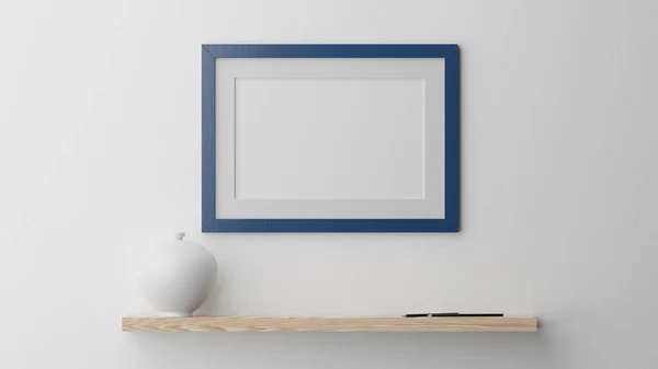 Poster Mockup Een Witte Muur Met Een Blauw Frame Cgi — Stockfoto