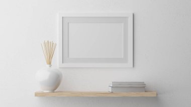 Beyaz çerçeveli beyaz bir duvarda poster modeli. CGI resmi, 3D görüntüleme, 3B illüstrasyon
