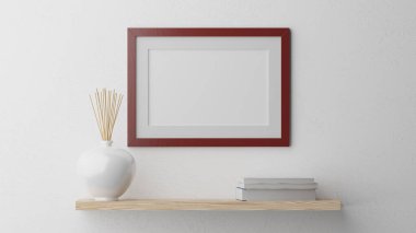 Kahverengi / kırmızı çerçeveli beyaz bir duvarda poster modeli. CGI resmi, 3D görüntüleme, 3B illüstrasyon