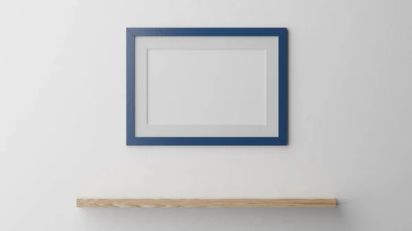 Affiche Maquette Sur Mur Blanc Avec Cadre Bleu Image Cgi — Photo