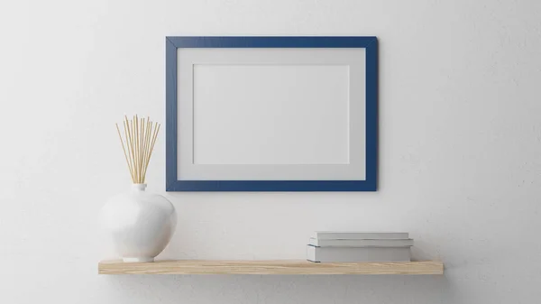 Cartel Maqueta Una Pared Blanca Con Marco Azul Imagen Cgi — Foto de Stock