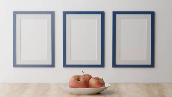 Három Plakát Egy Fehér Falon Kék Kerettel Cgi Kép Renderelés — Stock Fotó