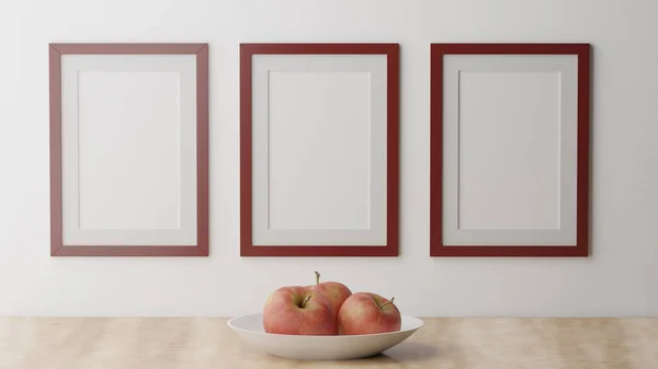 Három Plakát Egy Fehér Falon Barna Piros Kerettel Cgi Kép — Stock Fotó