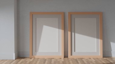 Doğal renk çerçeveli beyaz bir duvarda iki poster. CGI resmi, 3D görüntüleme, 3B illüstrasyon