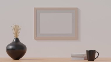Ahşap boş poster çerçevesi basit bir duvarda. 3B görüntüleme CGI illüstrasyonu
