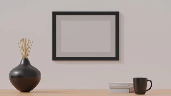 Wooden Empty Poster Frame Mockup Simple Wall Rendering Cgi Illustration — Stock Photo, Image