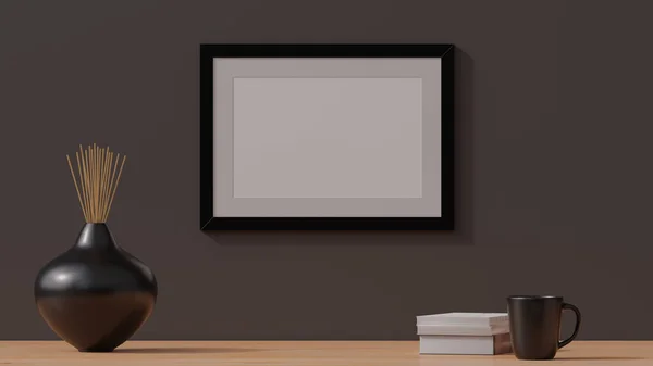 Mockup Con Cornice Vuota Legno Una Semplice Parete Illustrazione Cgi — Foto Stock