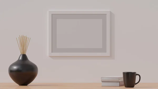 木制的空招贴画框在一面简单的墙上模仿 3D渲染Cgi插图 — 图库照片