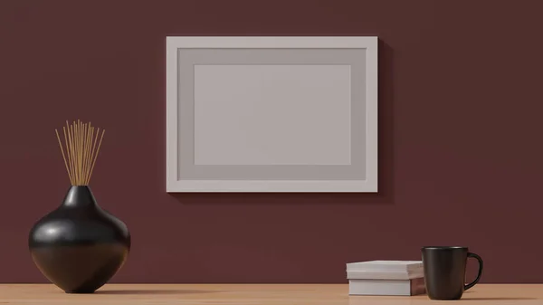 Wooden Empty Poster Frame Mockup Simple Wall Rendering Cgi Illustration — Stock Photo, Image