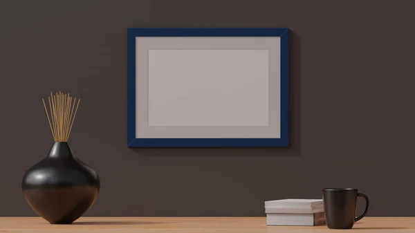 木制的空招贴画框在一面简单的墙上模仿 3D渲染Cgi插图 — 图库照片