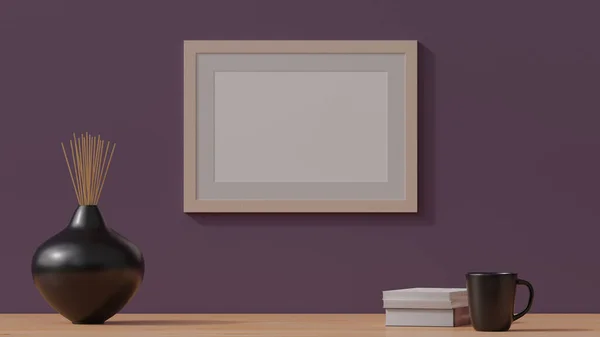 Mockup Con Cornice Vuota Legno Una Semplice Parete Illustrazione Cgi — Foto Stock