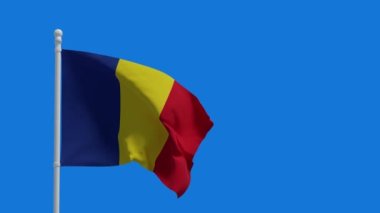 Romanya ulusal bayrağı, rüzgarda sallanıyor. 3D canlandırma, CGI animasyonu. 4K çözünürlüğündeki video.