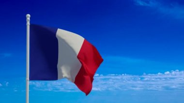Fransa ulusal bayrağı, rüzgarda sallanıyor. 3D canlandırma, CGI animasyonu. 4K çözünürlüğündeki video.