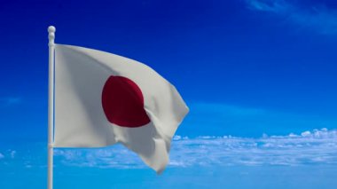 Japonya ulusal bayrağı, rüzgarda sallanıyor. 3D canlandırma, CGI animasyonu. 4K çözünürlüğündeki video.