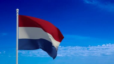 Hollanda ulusal bayrağı rüzgarda sallanıyor. 3D canlandırma, CGI animasyonu. 4K çözünürlüğündeki video.