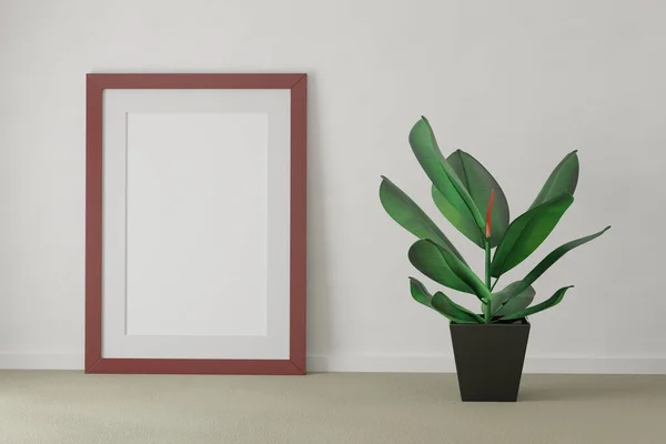 Large Red Poster Frame Mockup Interior Design Ficus Plant Rendering — Stock Photo, Image