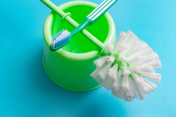 Hygiene Products Toilet Brush Toothbrush Blue Background — Stock Photo, Image
