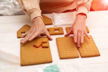 Bir kadın zencefilli kurabiye evi yapacak. Yeni yıla hazırlanıyorum, Noel 'e.