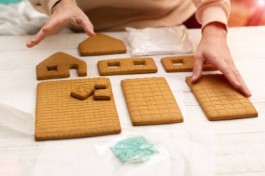 Bir kadın zencefilli kurabiye evi yapacak. Yeni yıla hazırlanıyorum, Noel 'e.