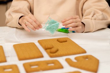 Bir kadın zencefilli kurabiye evi yapacak. Yeni yıla hazırlanıyorum, Noel 'e.