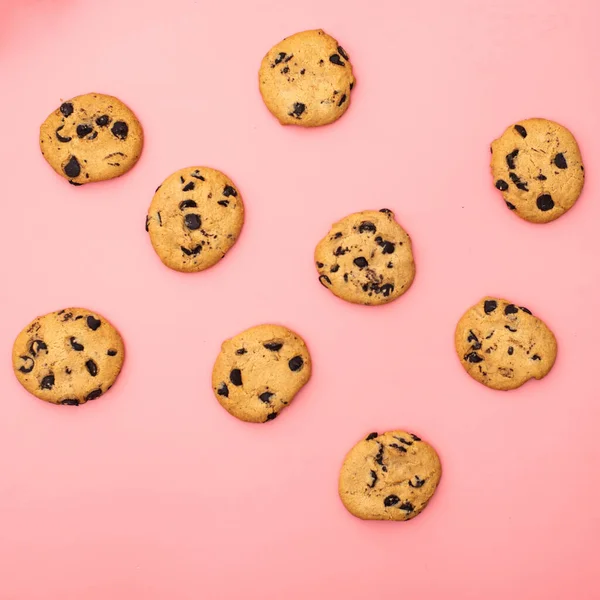 Biscoitos Com Chocolate Fundo Rosa Fundo Doce — Fotografia de Stock