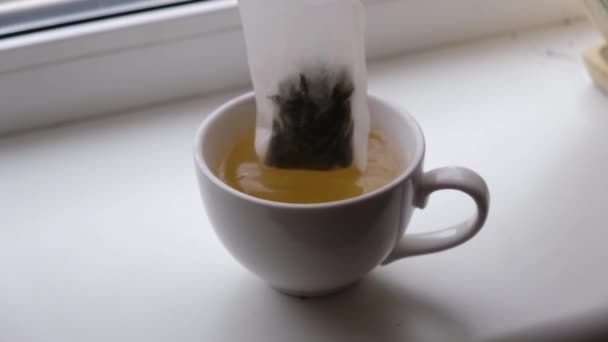 Saco Chá Mergulhado Uma Xícara Água Fervente — Vídeo de Stock