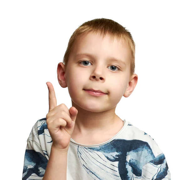 Bir Fikirle Heyecanlanan Küçük Bir Çocuğun Portresi Bir Çocuk Işaret — Stok fotoğraf