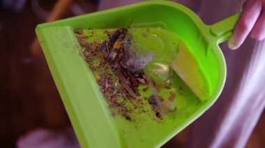 Çöp ve toz dolu bir kepçe. Evi temizliyorum..